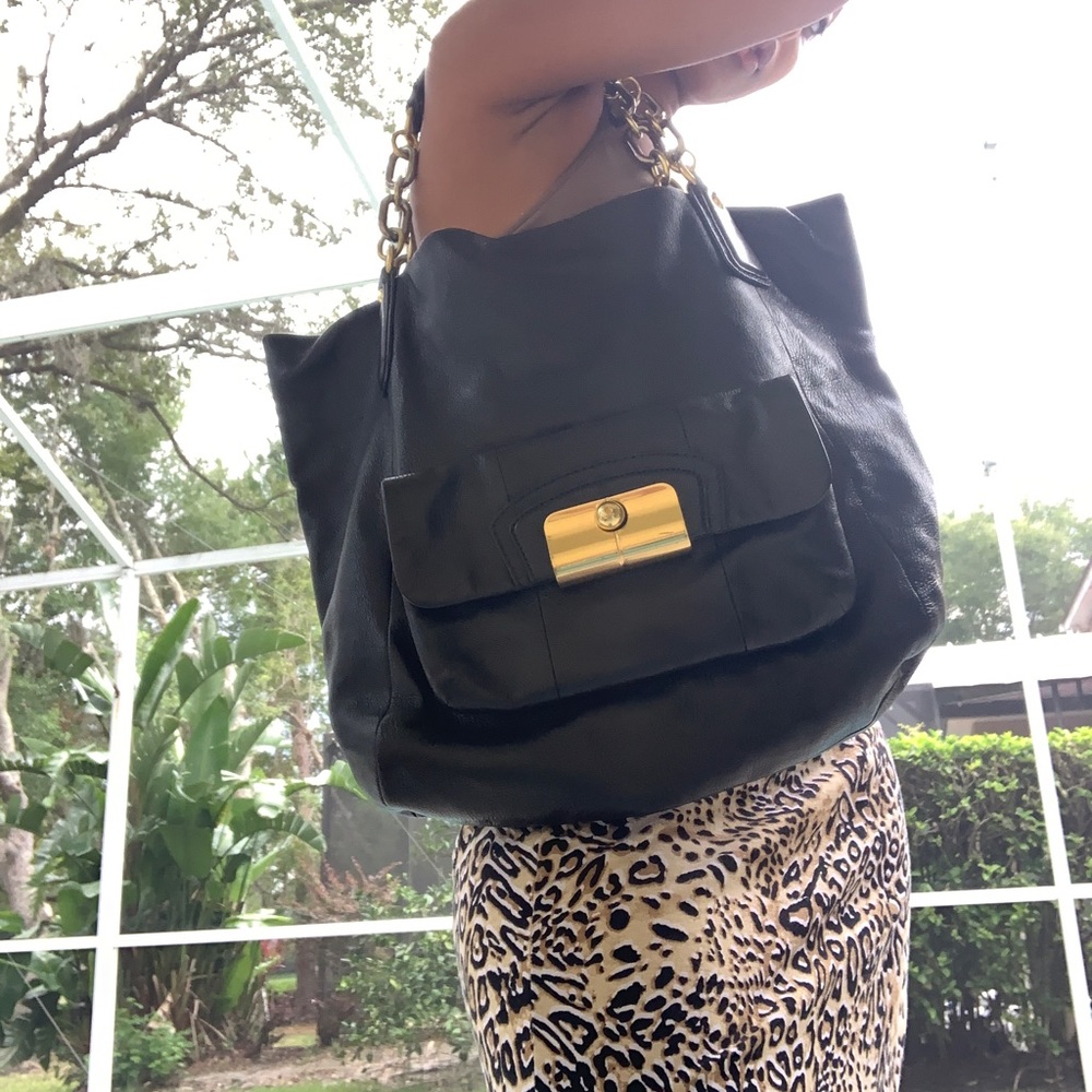 COACH “Kristin”black leather gold chain tote